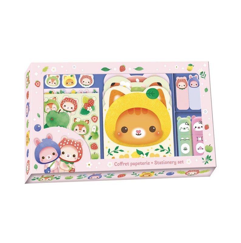 Set di cancelleria per bambini con quaderni, post-it, gomme, evidenziatori e adesivi, il tutto in tenero stile kawaii